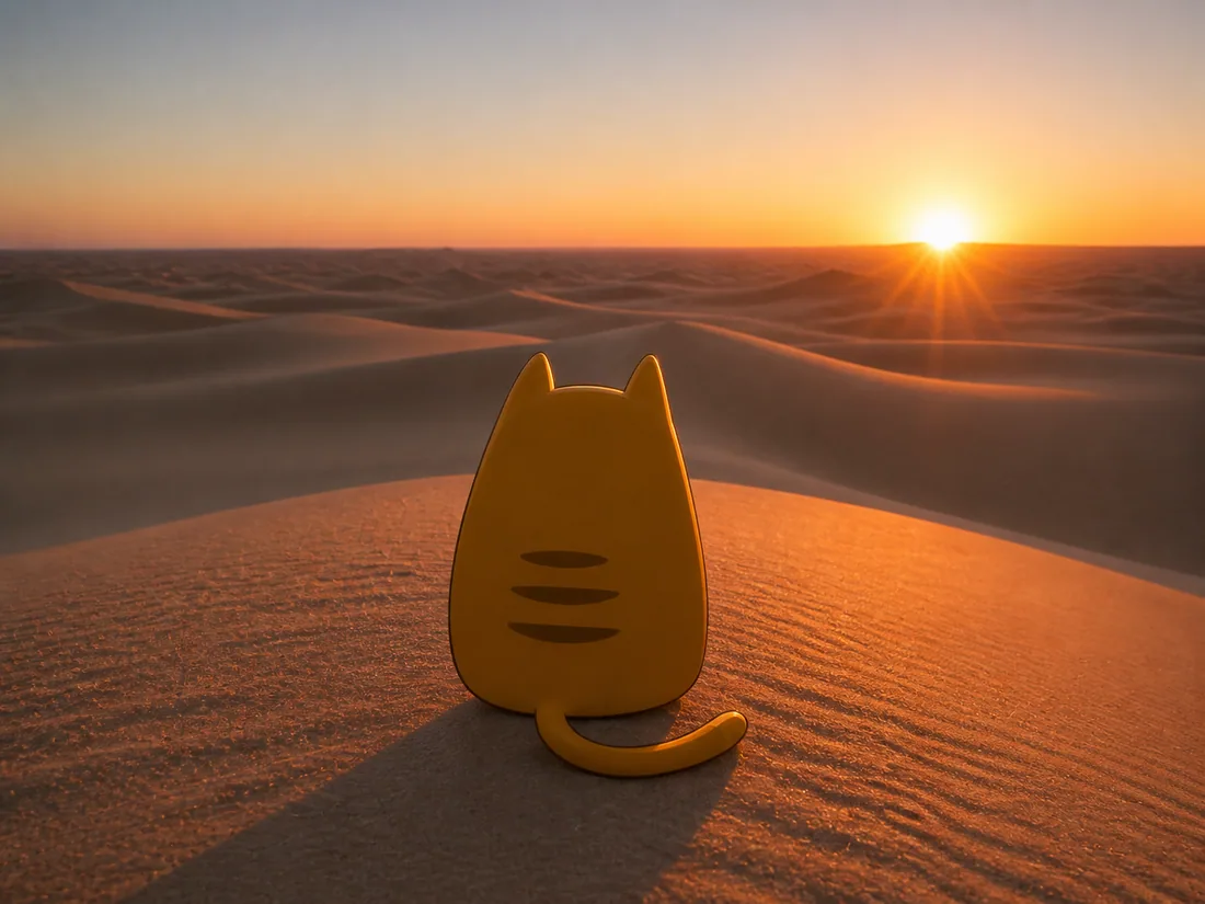 Sunrise Cat on a desert dune at sunrise