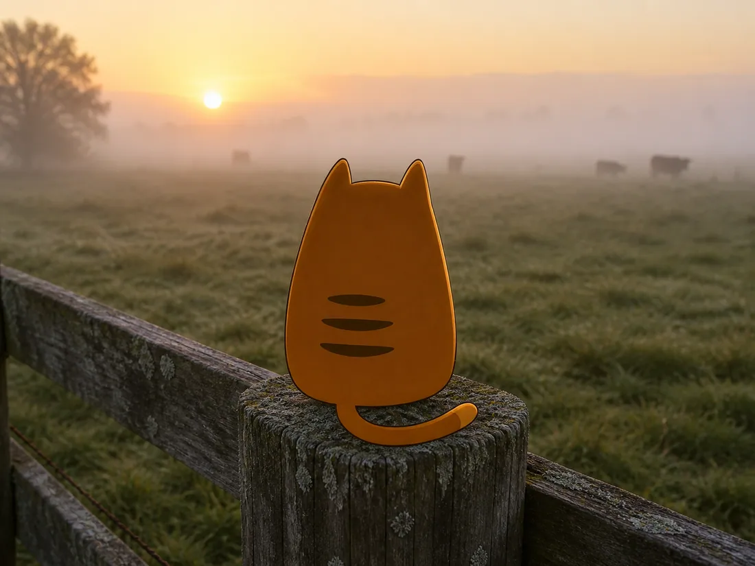 Sunrise Cat on a fence post in a misty field