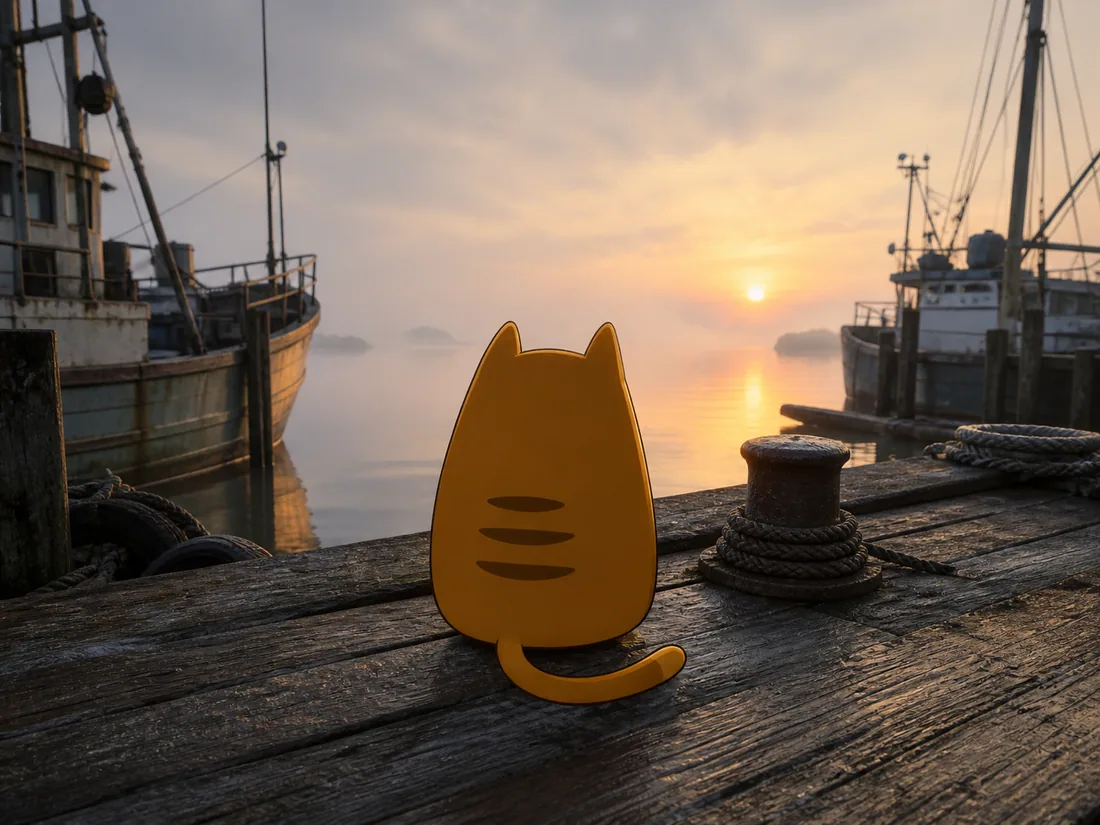 Sunrise Cat on a harbour dock in the mist