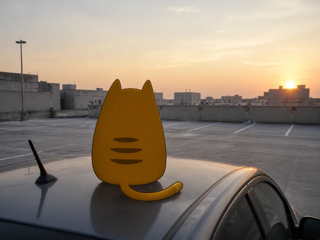 Sunrise Cat on a car roof in an empty car park
