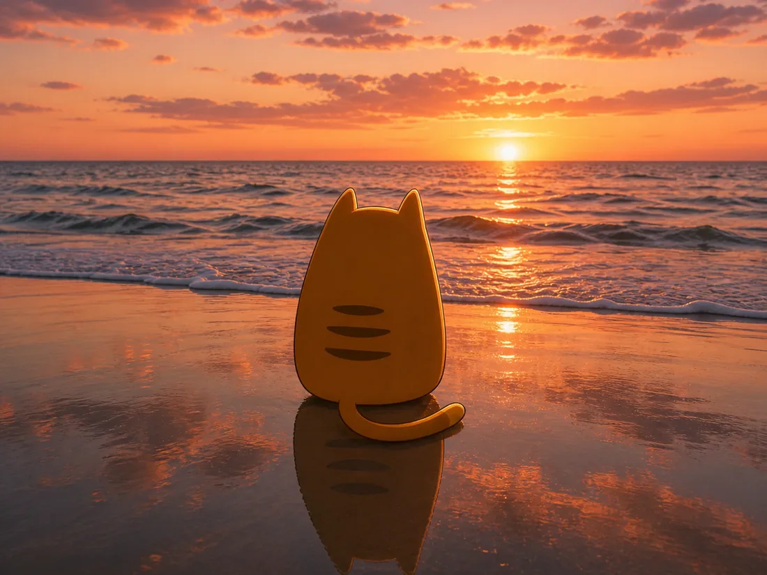 Sunrise Cat at the tide line facing the ocean